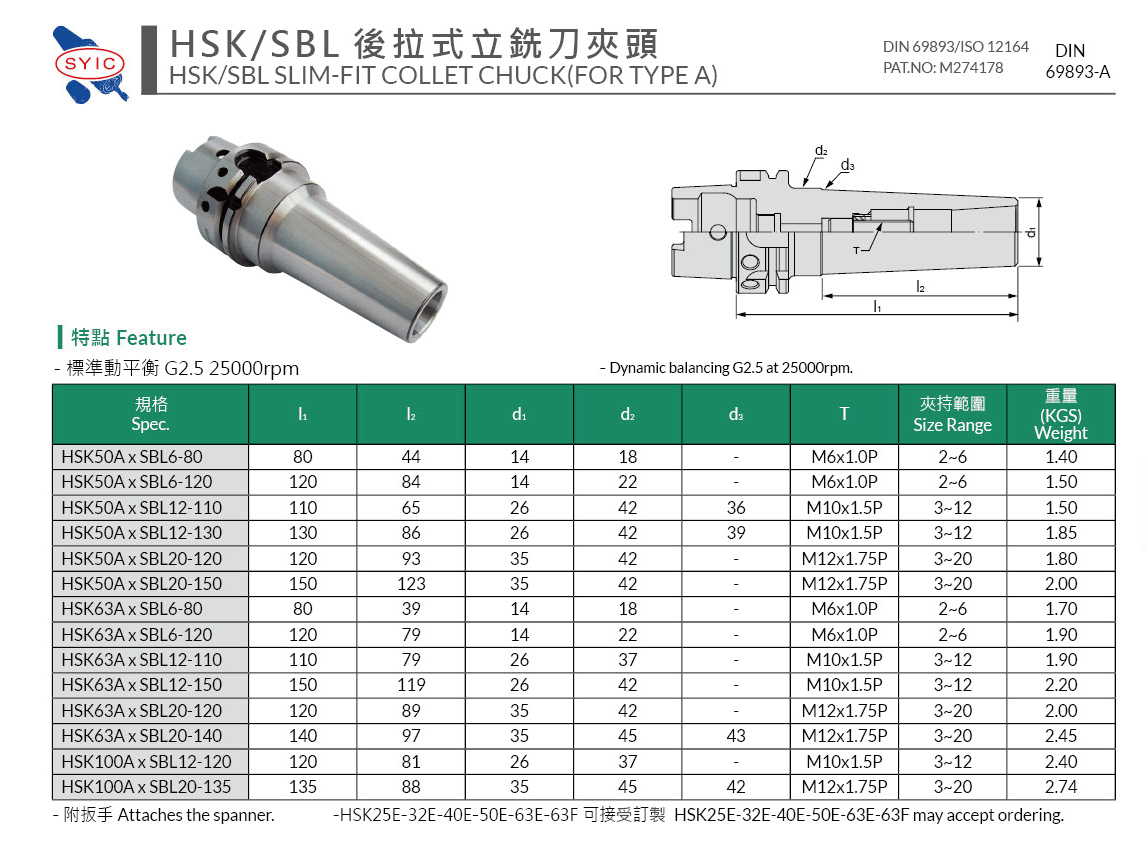 HSK/SBL(A)後拉式立銑刀夾頭